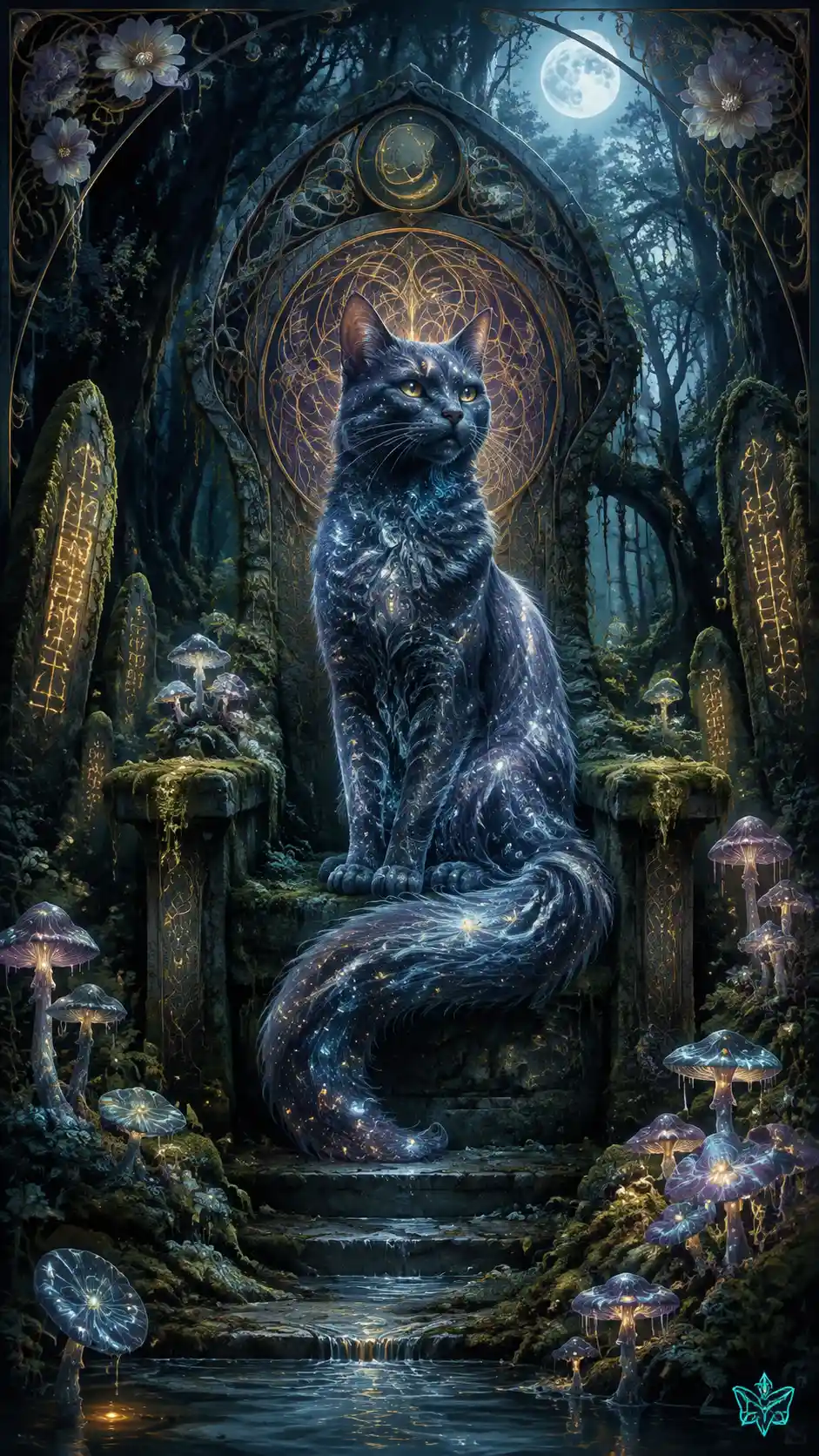 Mystical stardust cat on a mossy throne in moonlit forest