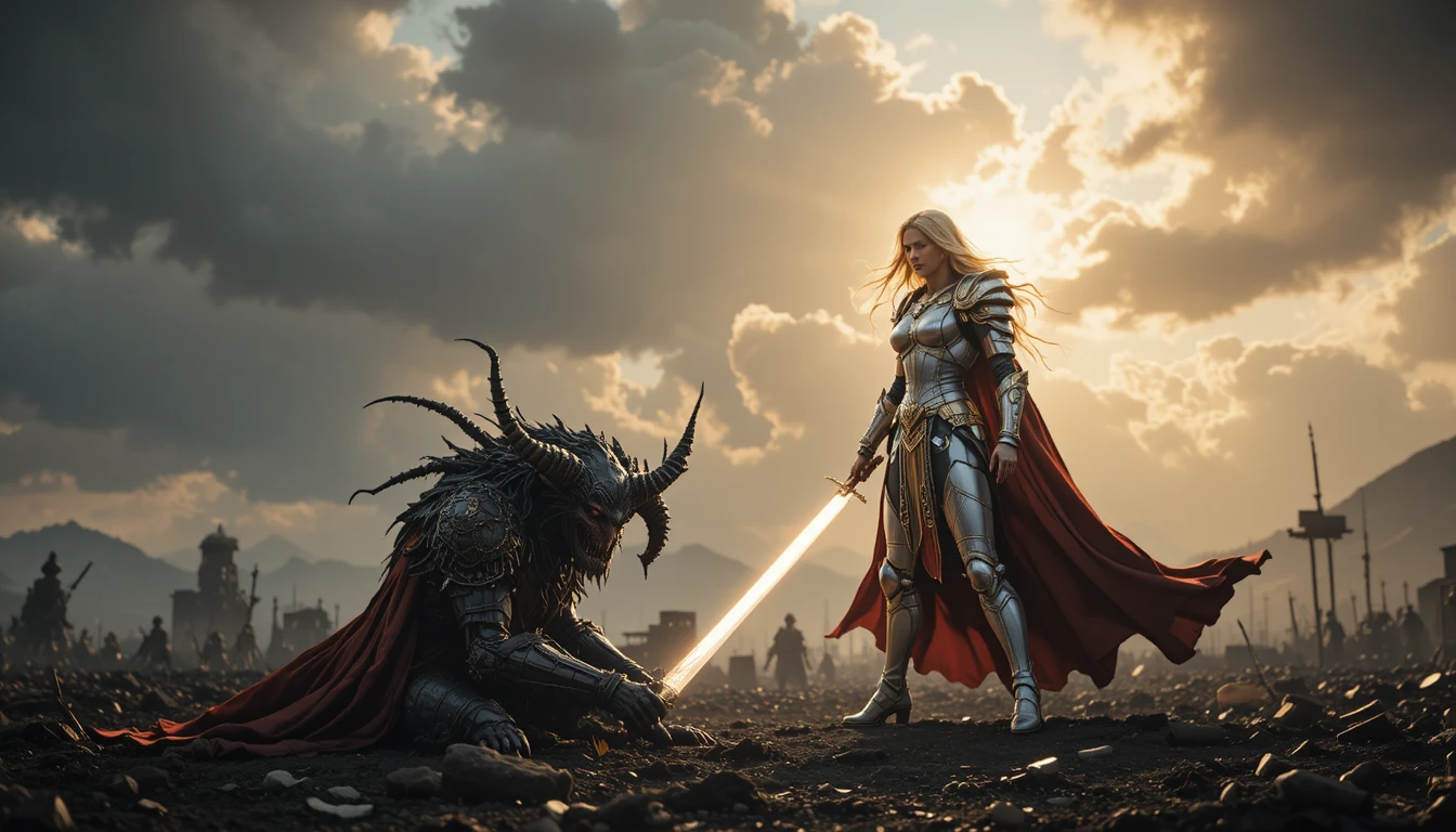 Triumphant female warrior over kneeling horned demon