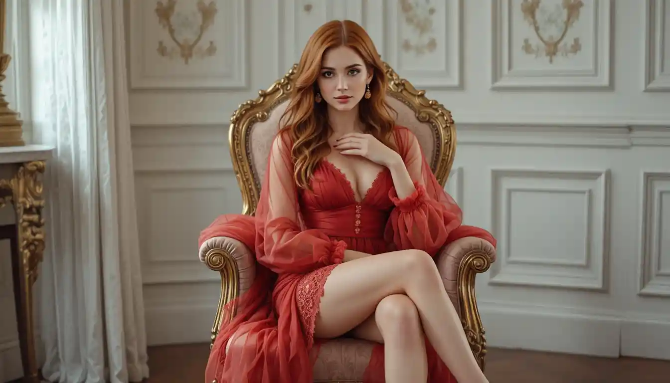 Elegant woman in sheer tulle on ornate armchair