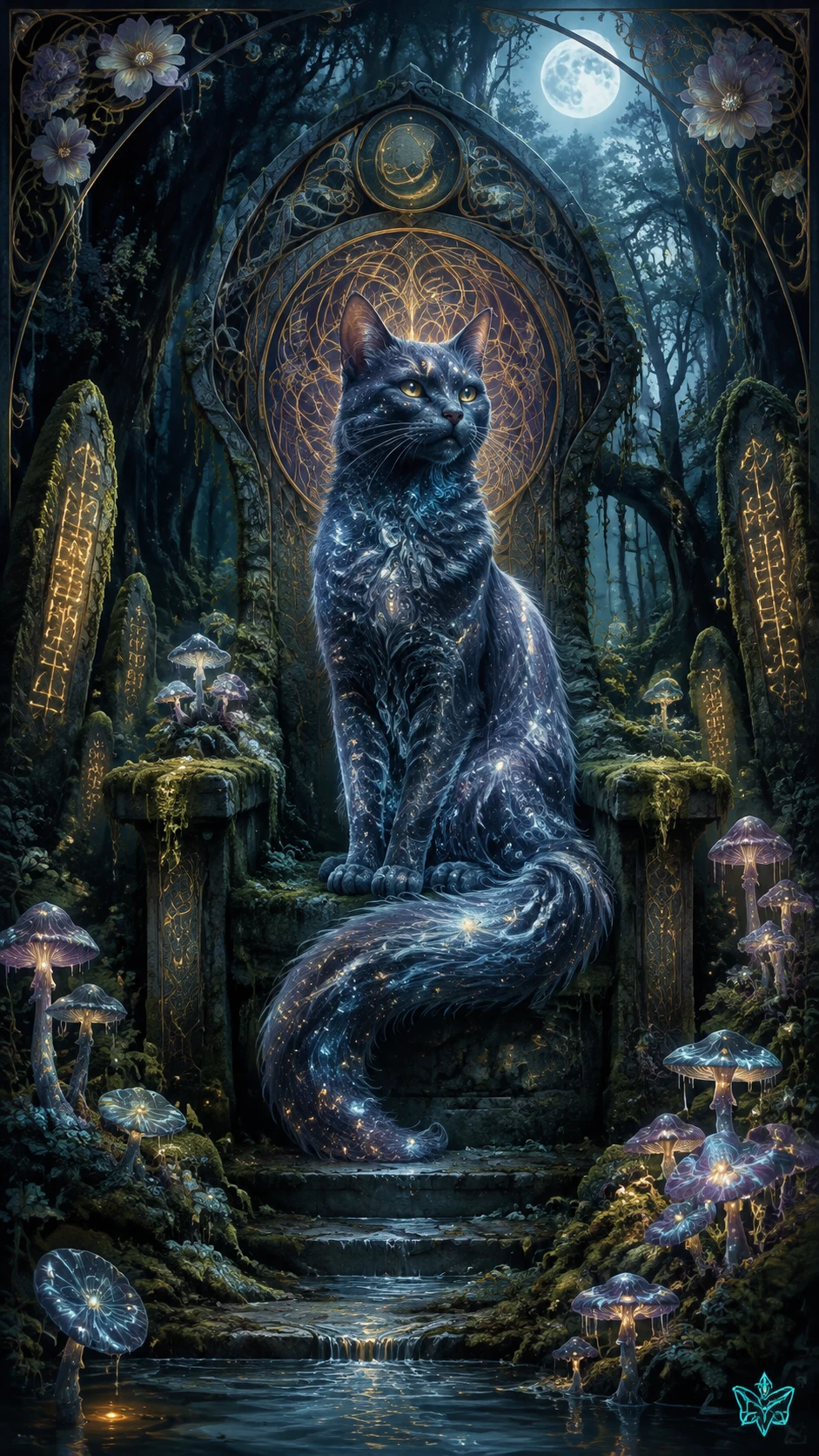 Mystical stardust cat on a mossy throne in moonlit forest