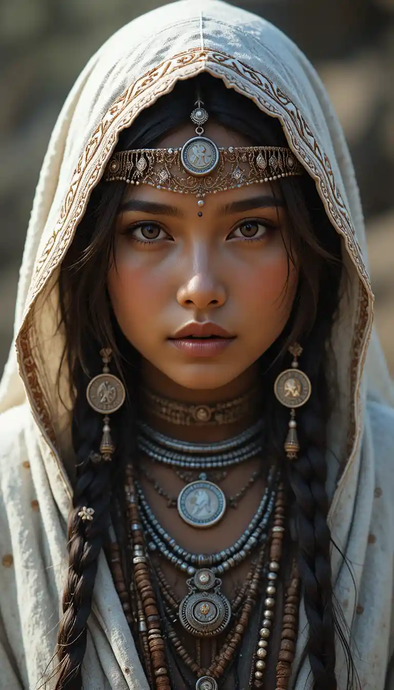 Tribal girl in white hooded shawl with coin headdress