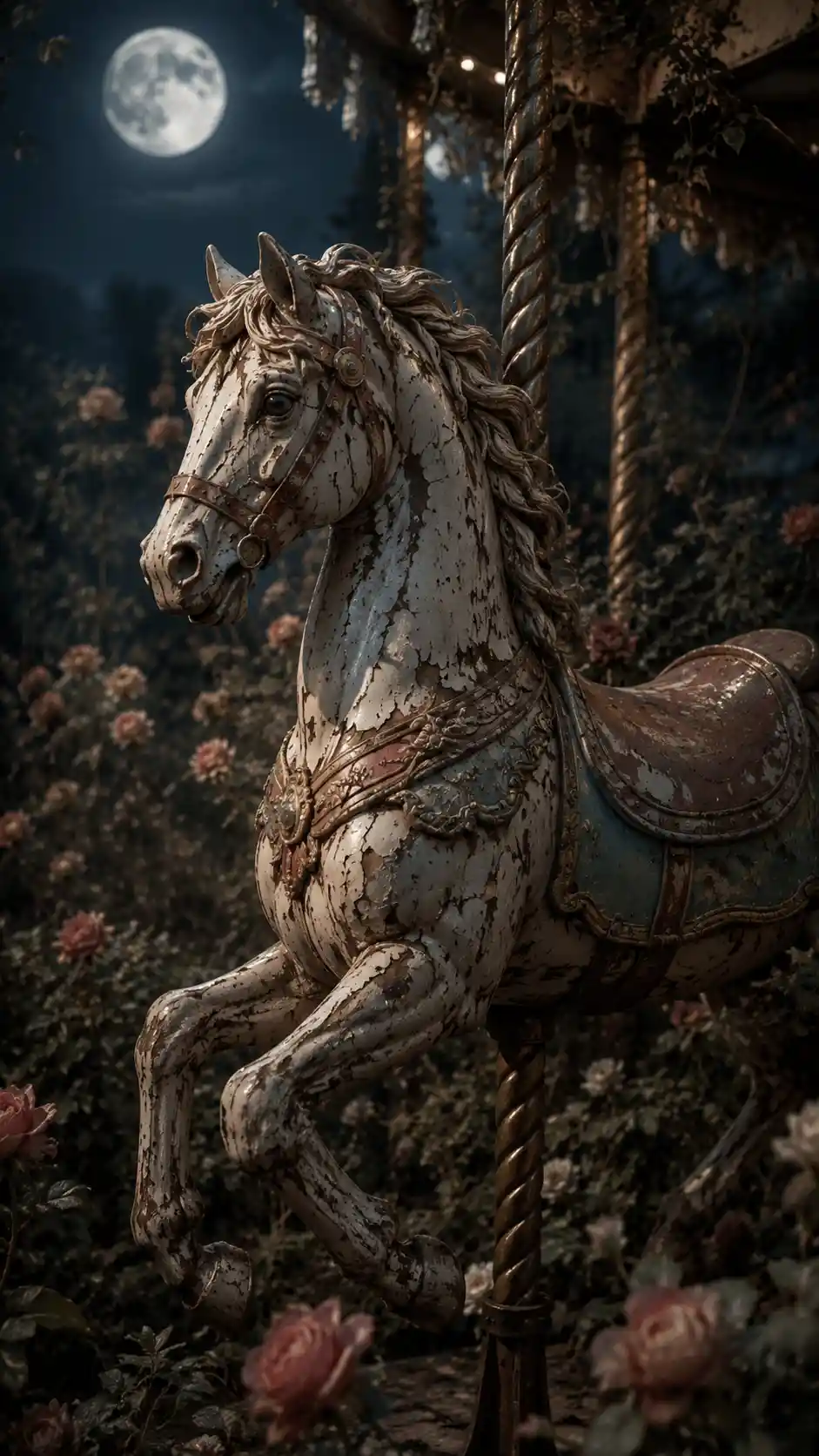 Weathered carousel horse in a moonlit overgrown garden