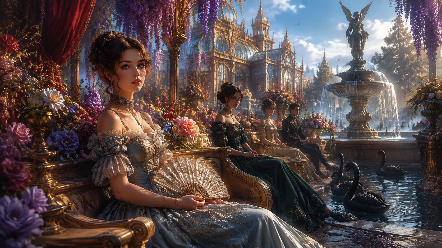 Young woman with friends in surreal victorian fantasy scene