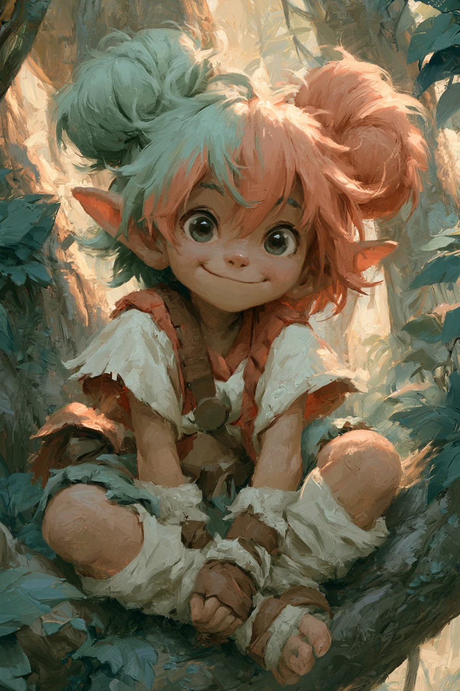 Joyful elf girl on a branch in an enchanted forest