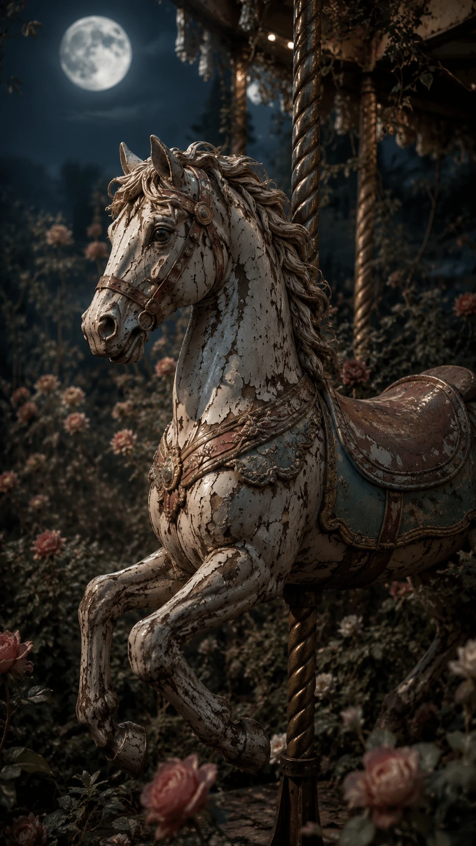 Weathered carousel horse in a moonlit overgrown garden