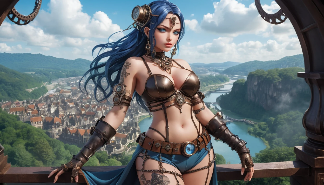 Fantasy anime steampunk warrior woman with blue eyes