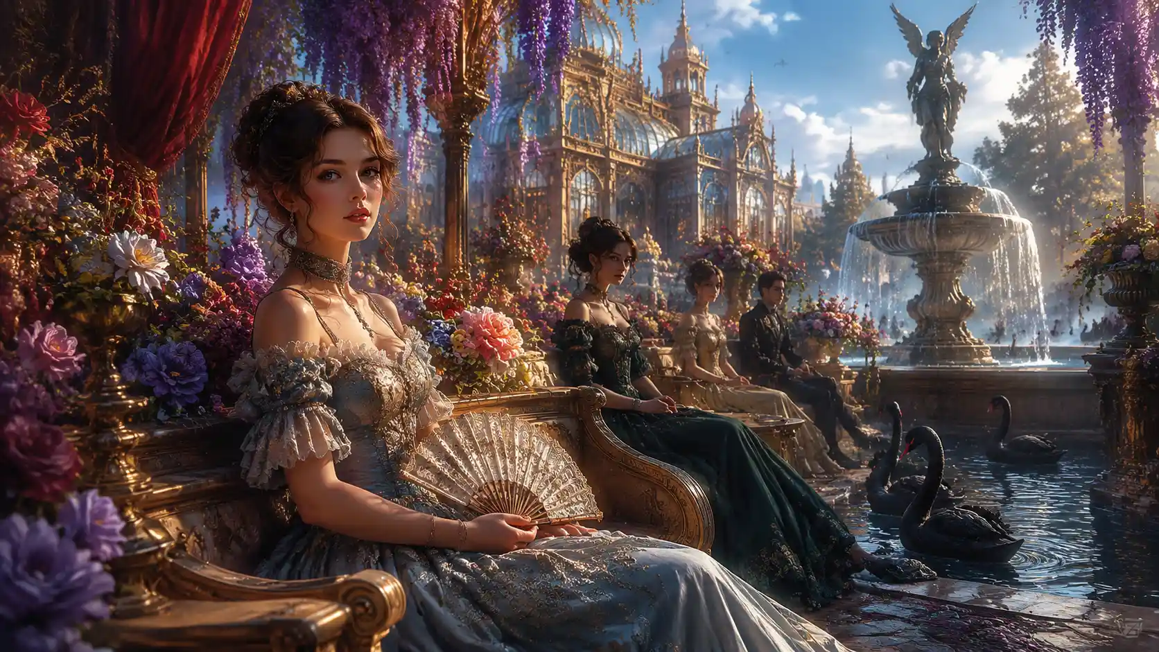Young woman with friends in surreal victorian fantasy scene