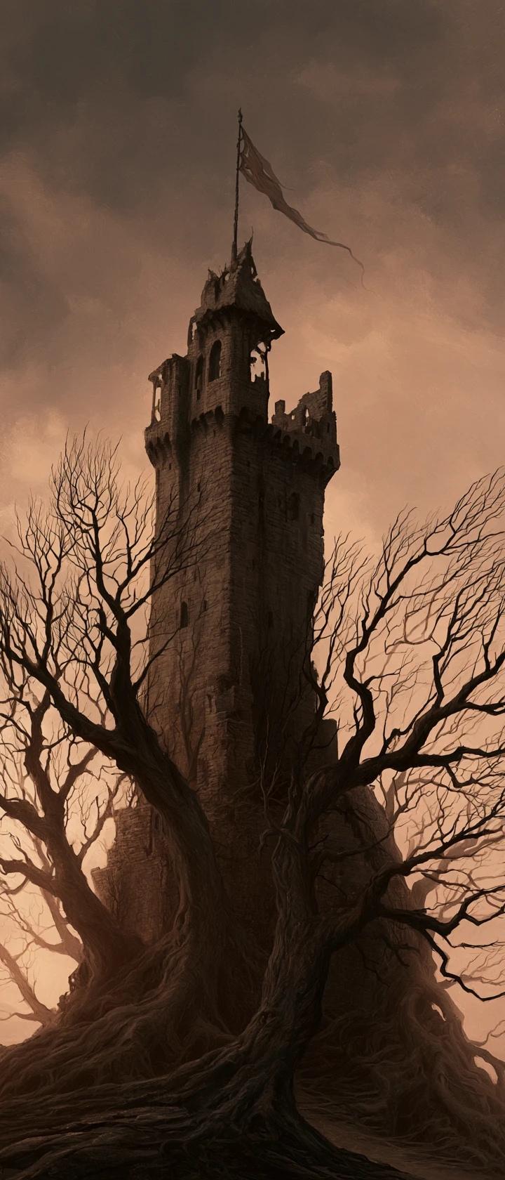 Lonely stone castle beneath a stormy dark fantasy sky