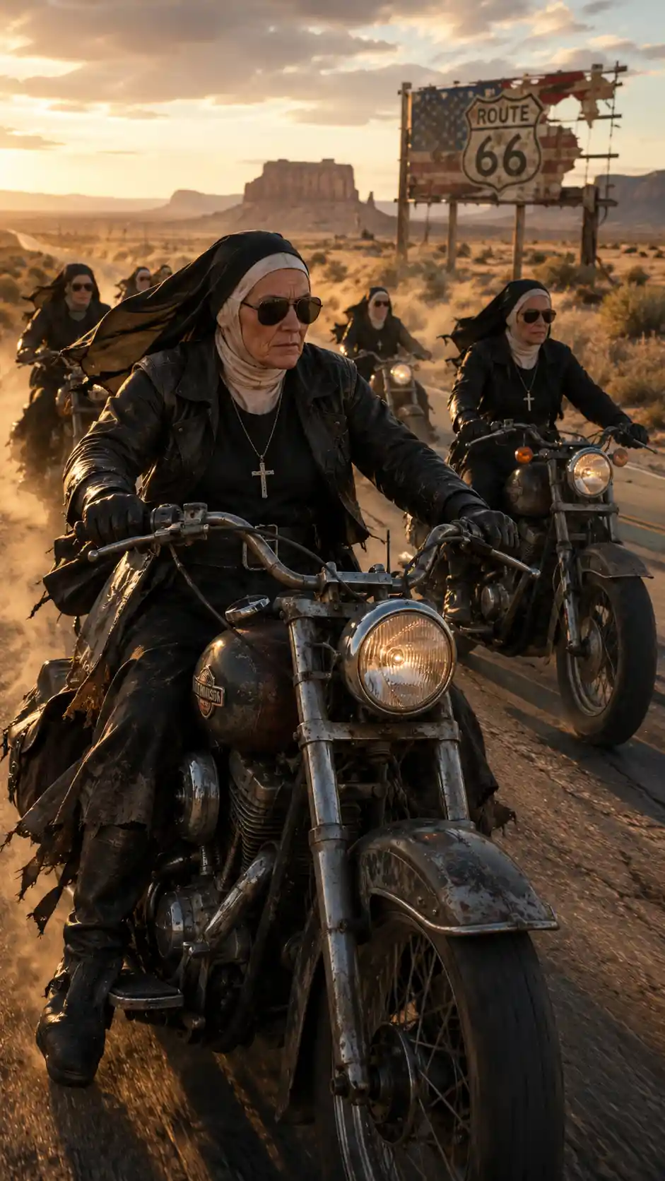 Leather clad nuns riding motorcycles along a desert highway