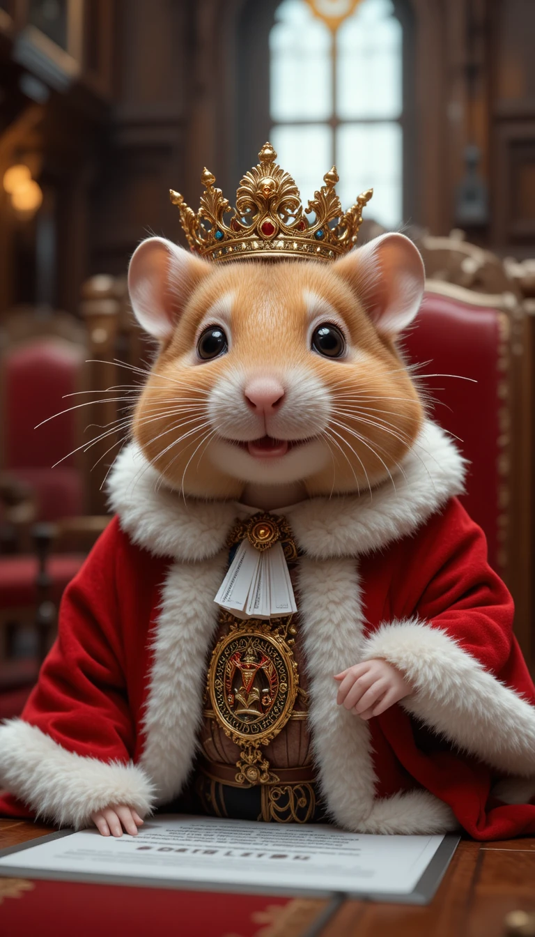 Royal hamster in red ermine robes in a grand chamber