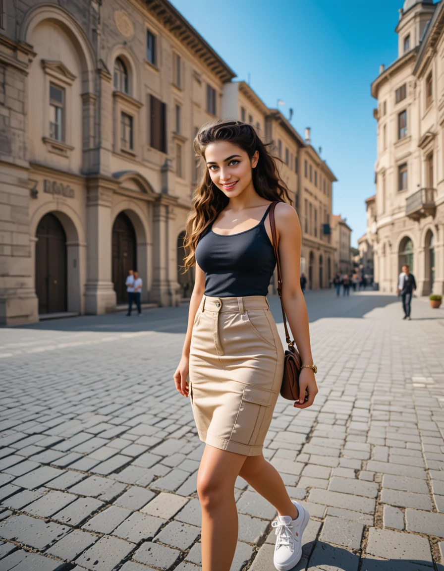 Smiling young woman walking across historic Italian plaza