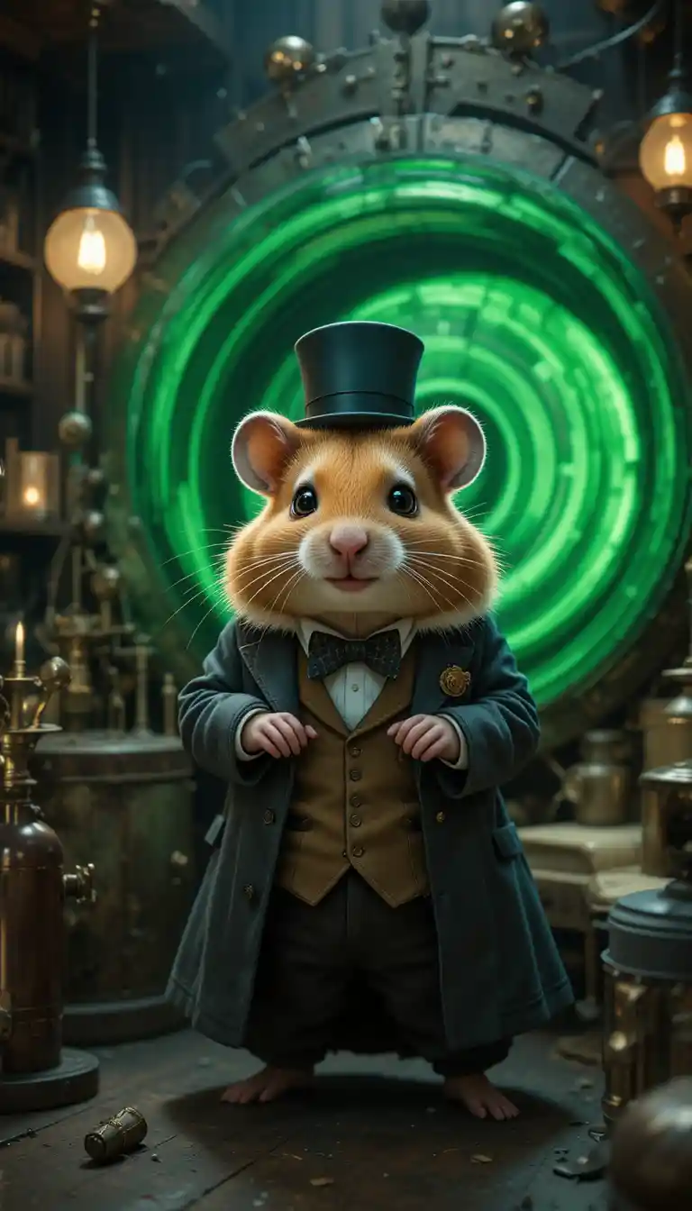 Victorian hamster scientist beside a glowing time machine