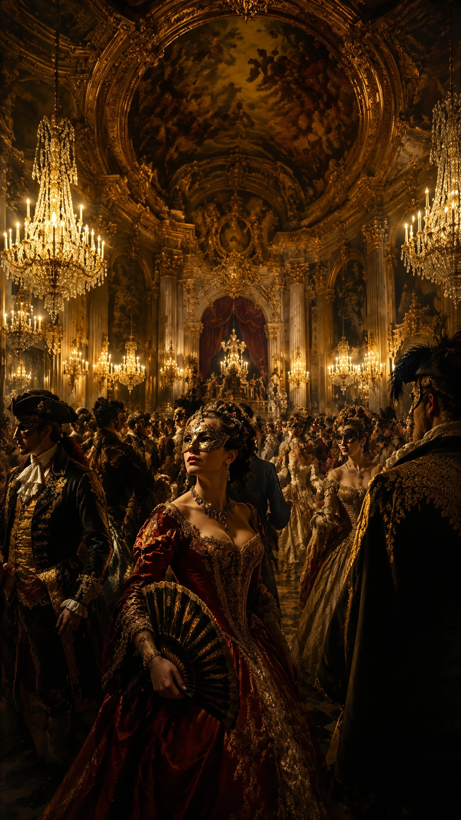 Opulent masquerade ball in a grand palace ballroom