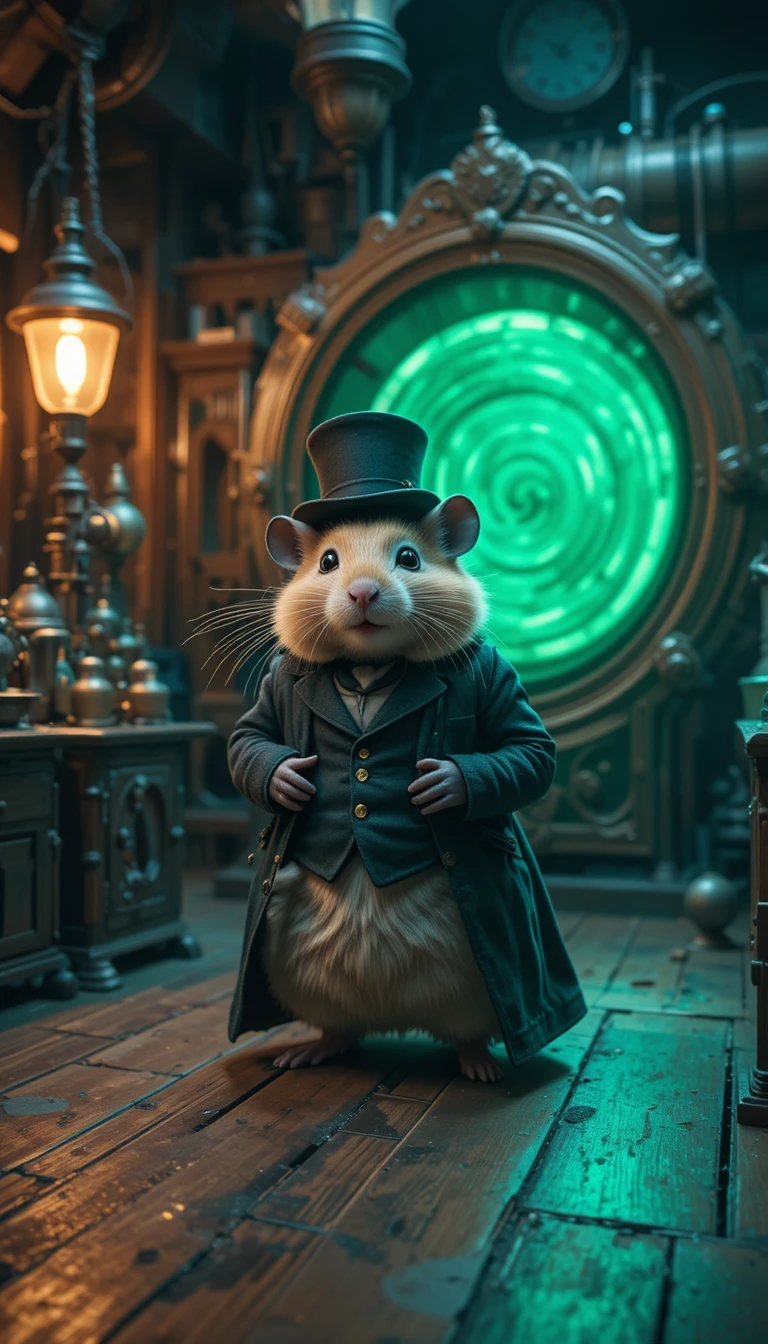 Victorian hamster scientist in a glowing time machine lab