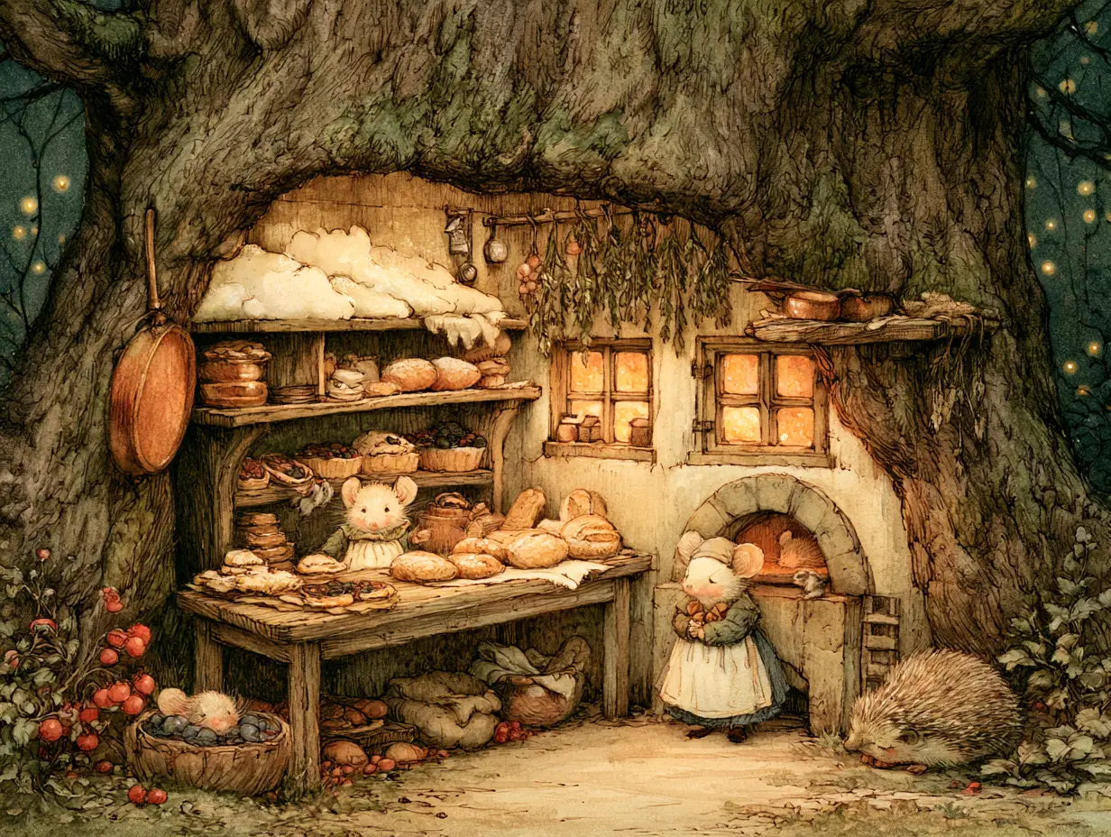 Boulangerie douillette de petites souris dans un vieux chêne creux