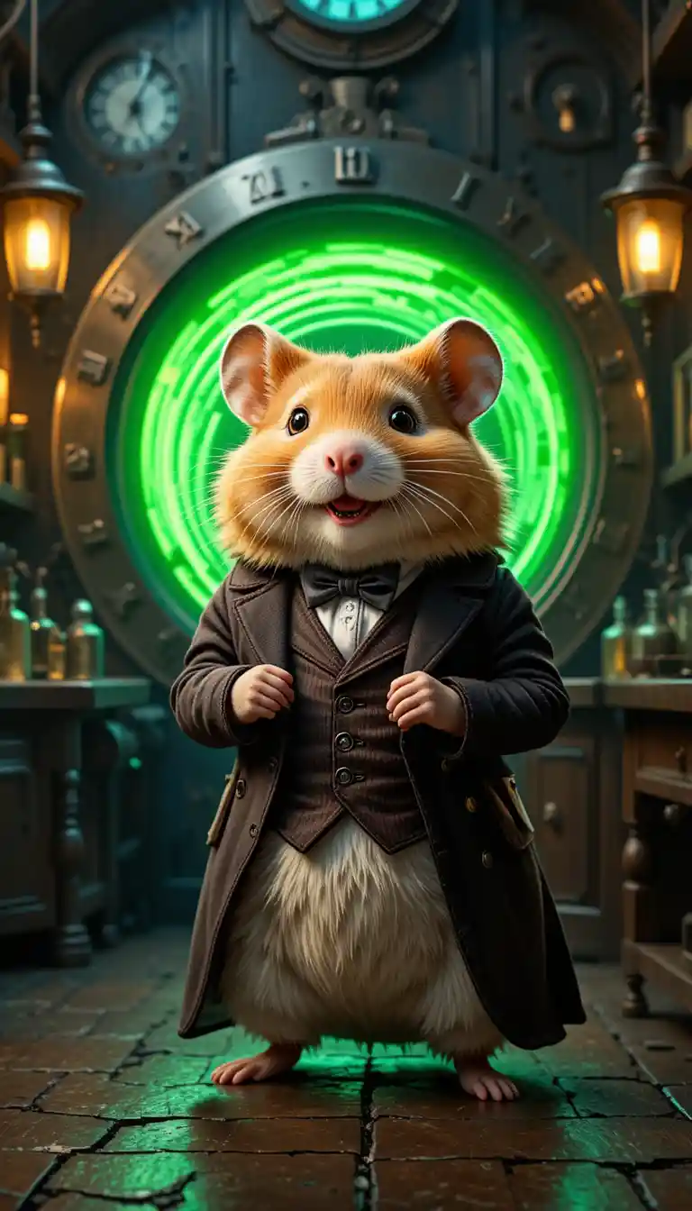 Victorian hamster scientist in a glowing time machine lab