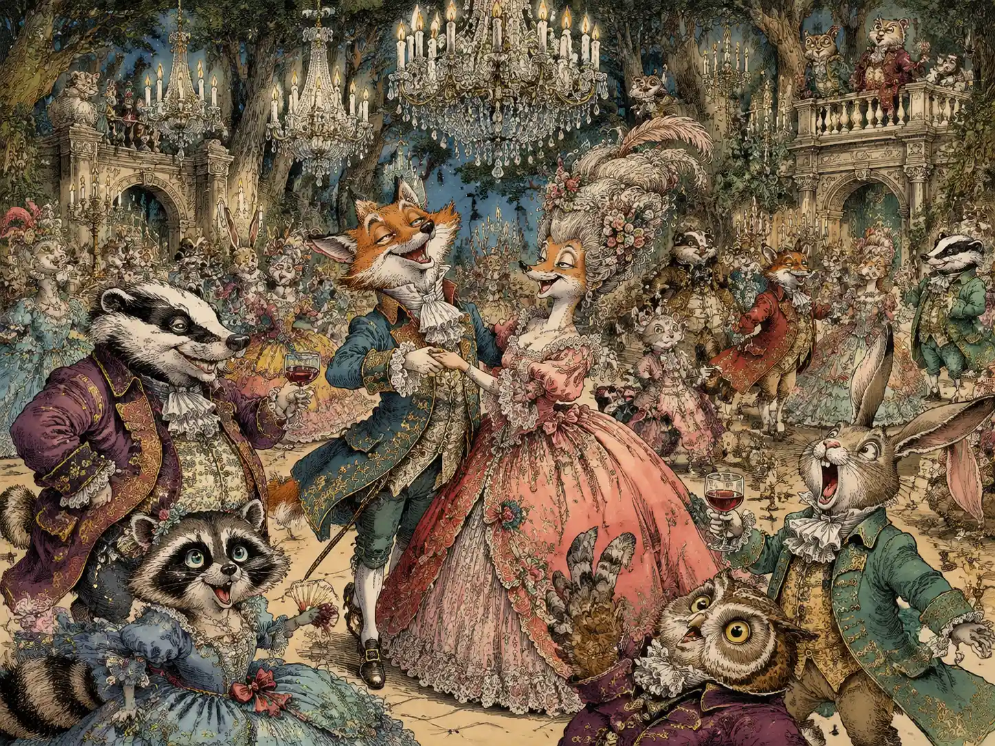 森の宮殿舞踏会で踊る擬人化した動物たち