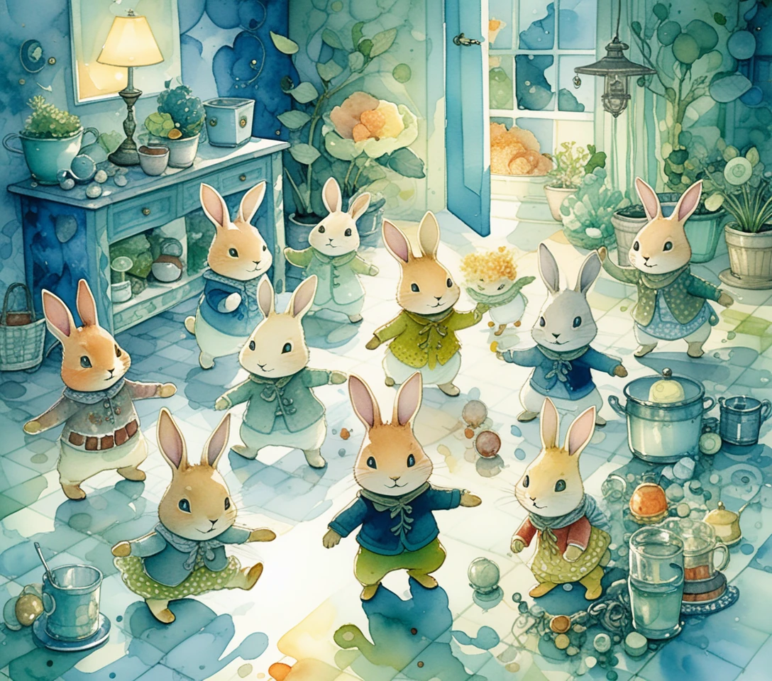 Cheerful Baby Rabbits Dancing In A Cozy Indoor Room