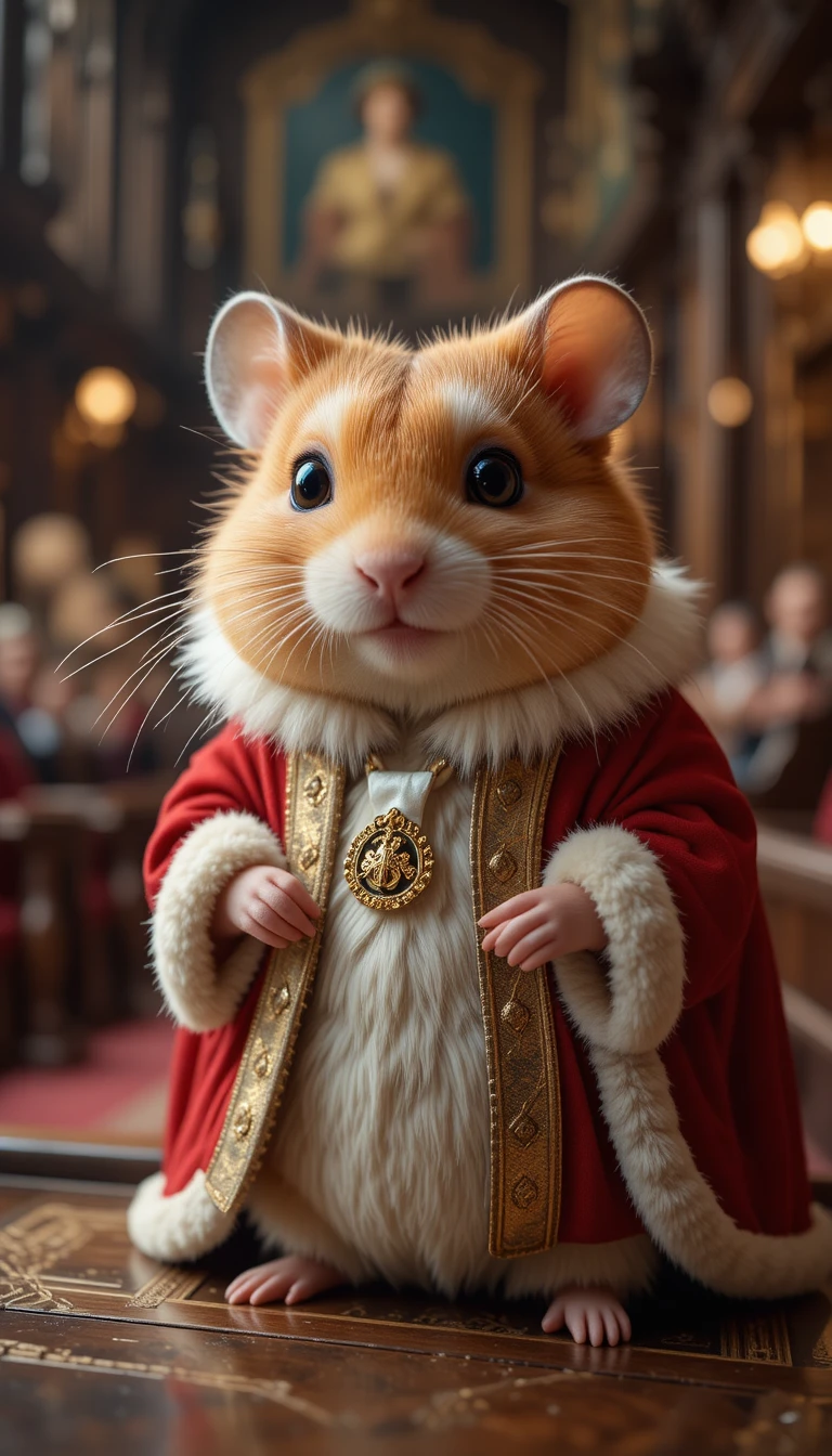 Happy hamster in red ermine robes in parliament chamber