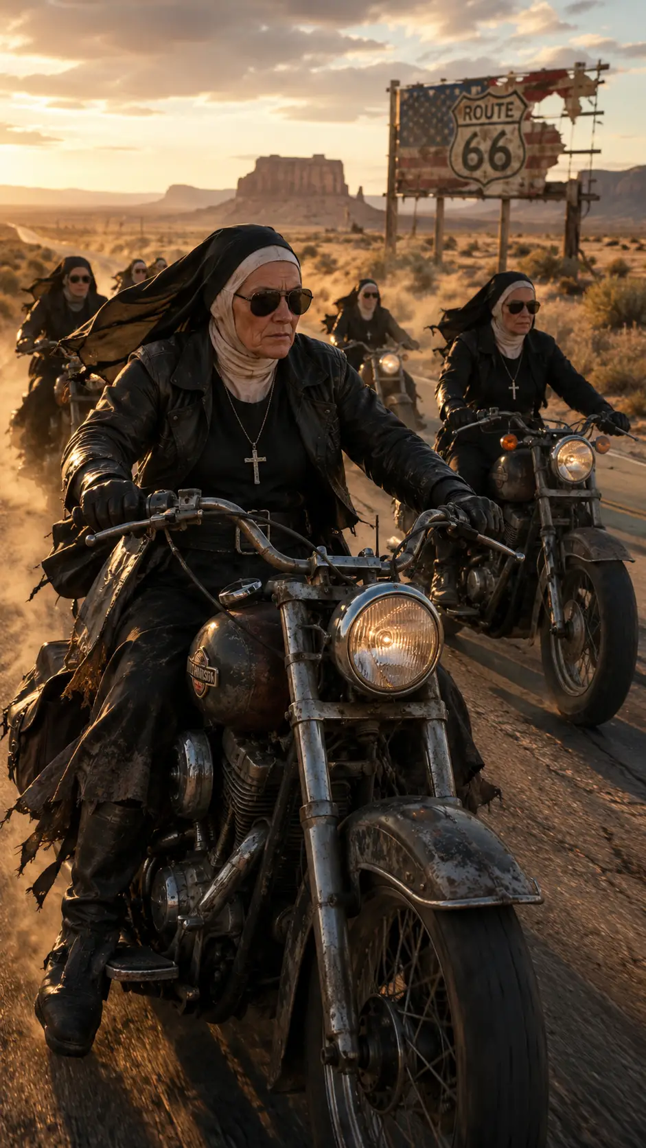 Freiras de couro pilotando motocicletas por uma estrada no deserto