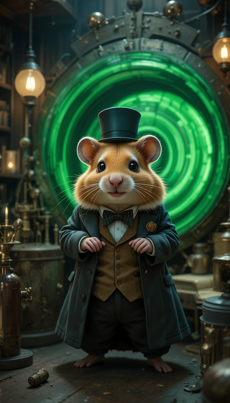 Victorian hamster scientist beside a glowing time machine
