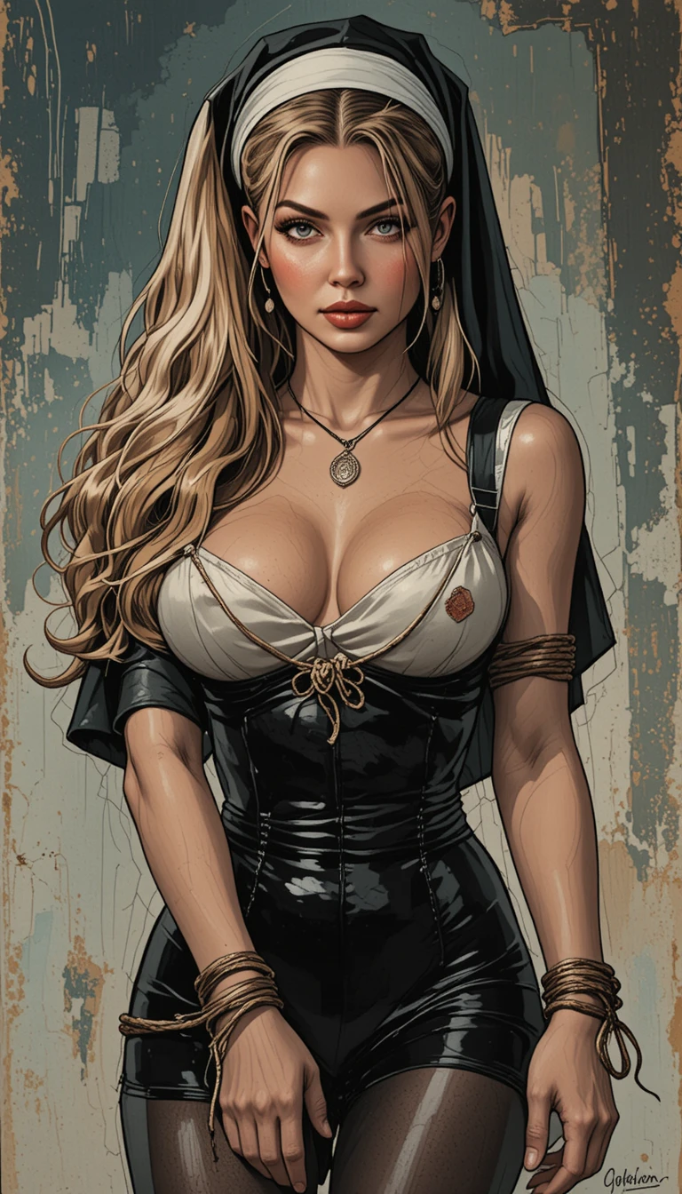 Bound comic style woman in vintage colored close up