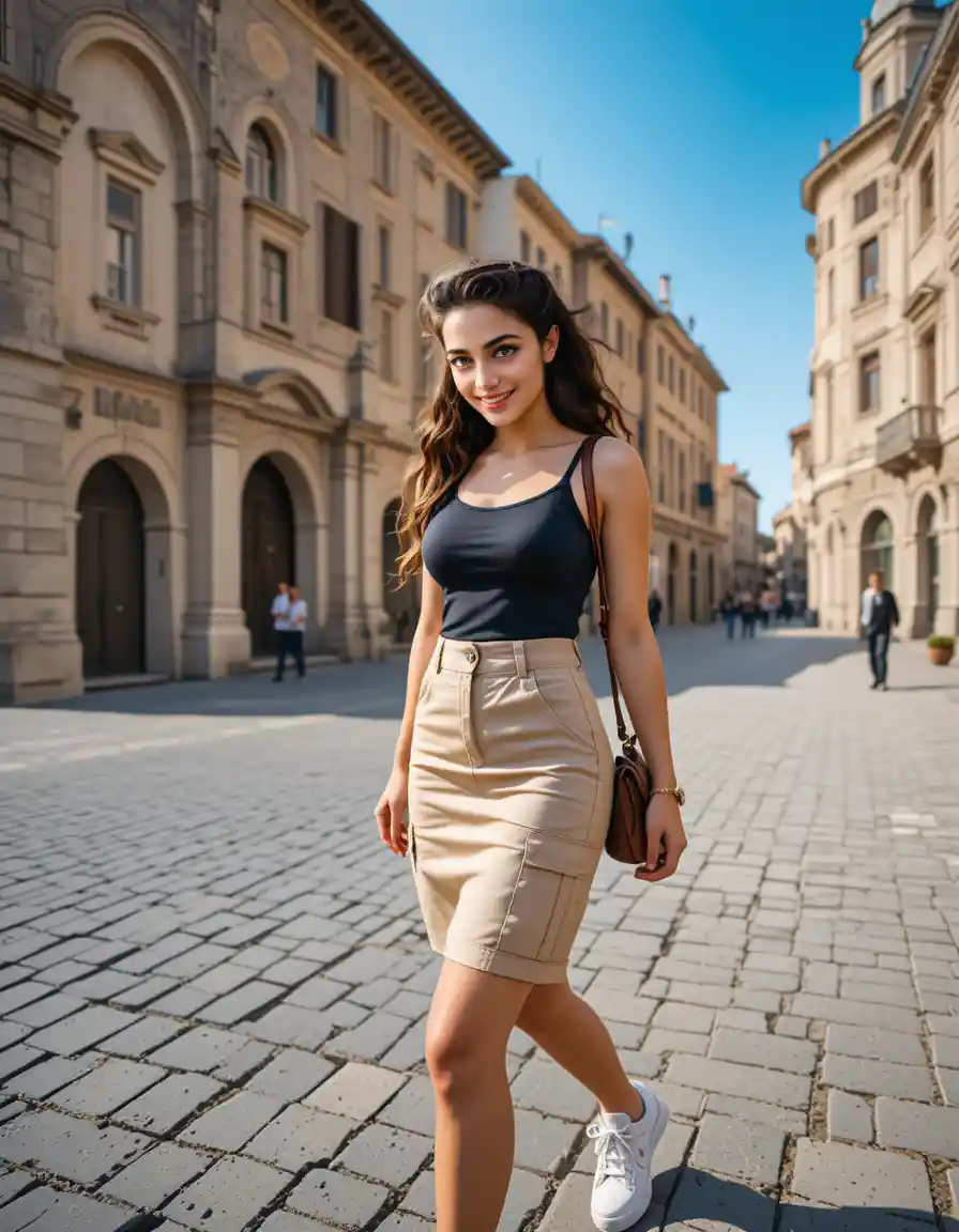 Smiling young woman walking across historic Italian plaza