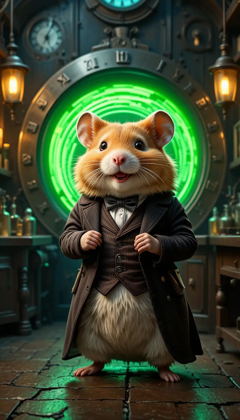 Victorian hamster scientist in a glowing time machine lab