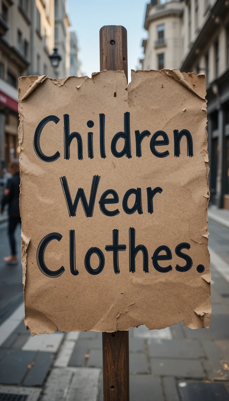 Handwritten cardboard sign with children wear clothes message