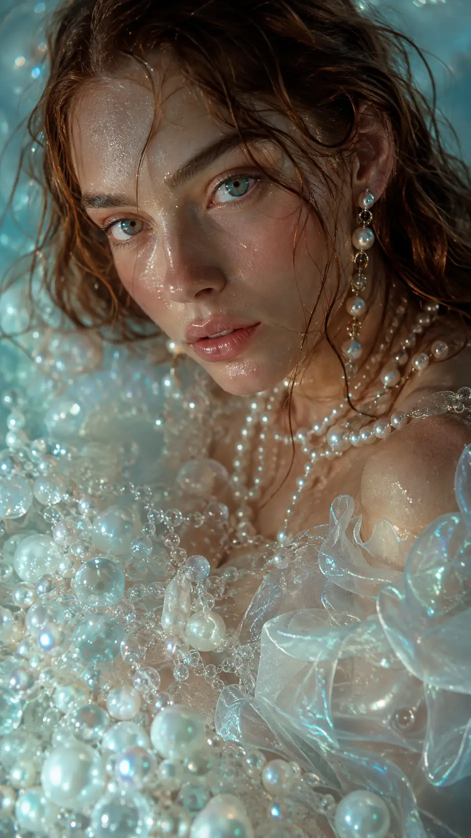 Elegant woman rising from a surreal ocean of pearls