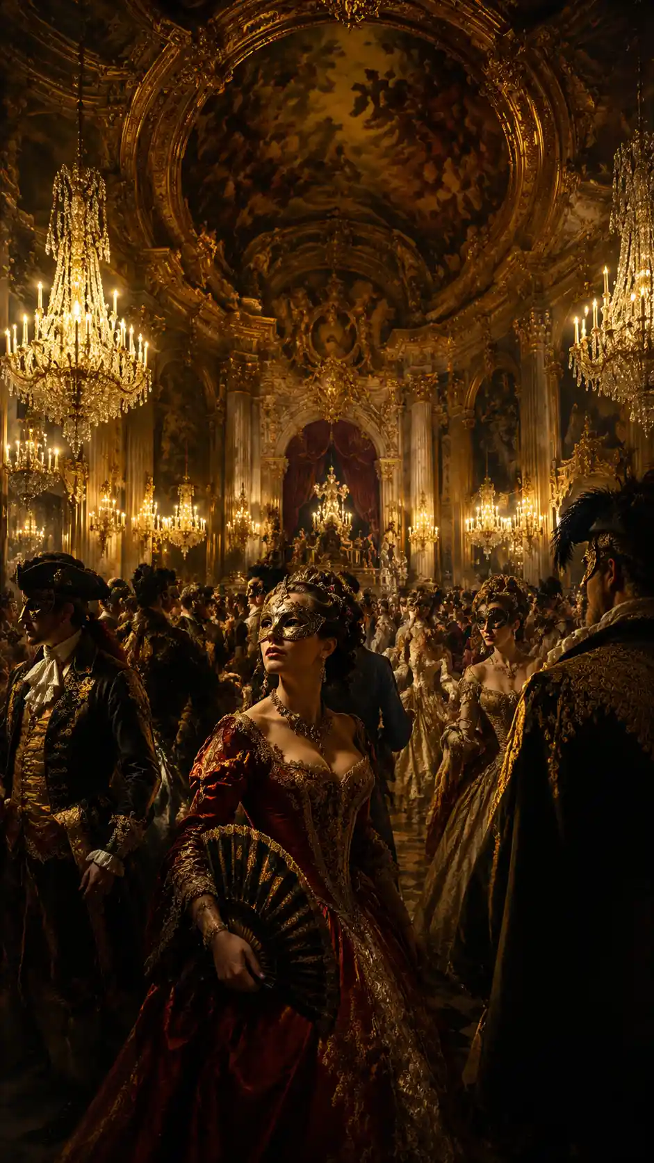 Opulent masquerade ball in a grand palace ballroom