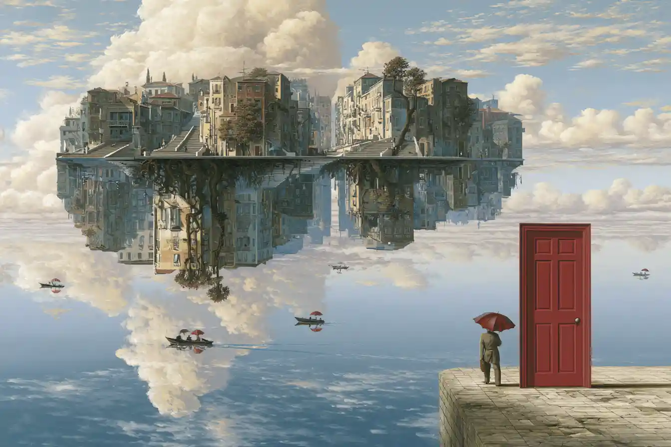 Surreal upside down city hanging beneath a vast floating island