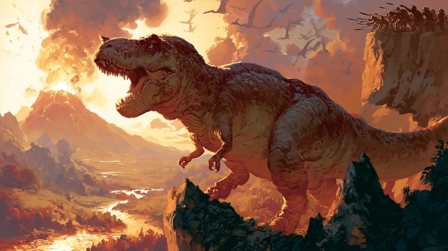 Tyrannosaurus rex roaring atop rocky cliff above valley
