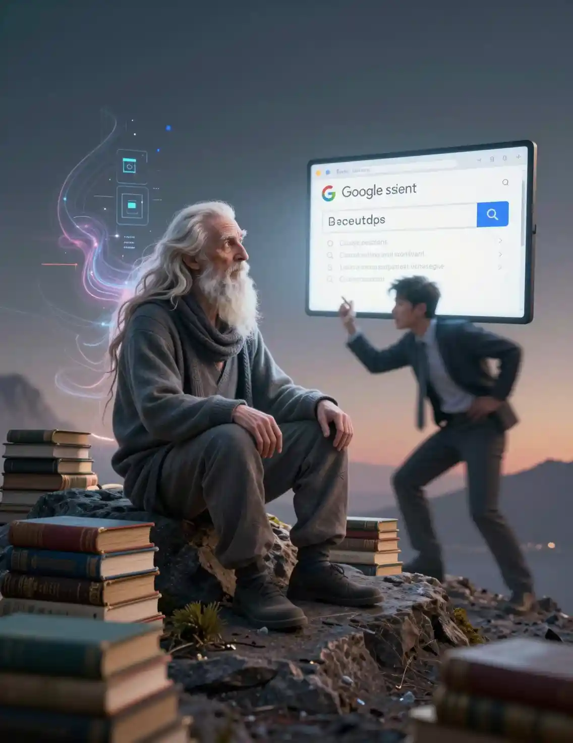 Wise assistant on a mountaintop with ancient books