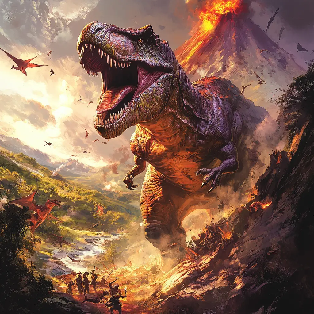 Mighty tyrannosaurus roars from rocky cliff above valley