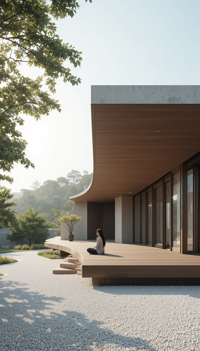 Modern minimalist house with wooden deck and quiet figure