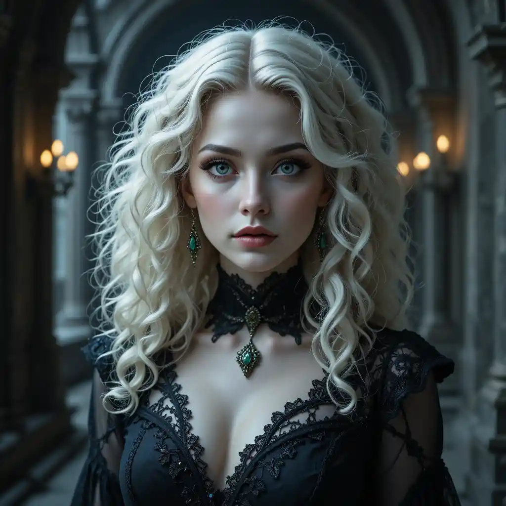 Gothic woman with platinum curls in moody candlelit interior
