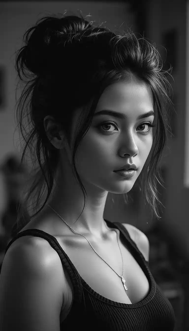 Black and white cinematic portrait of a young woman