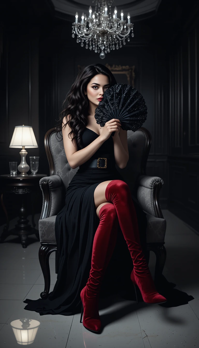 Woman in black dress with red boots and lace fan