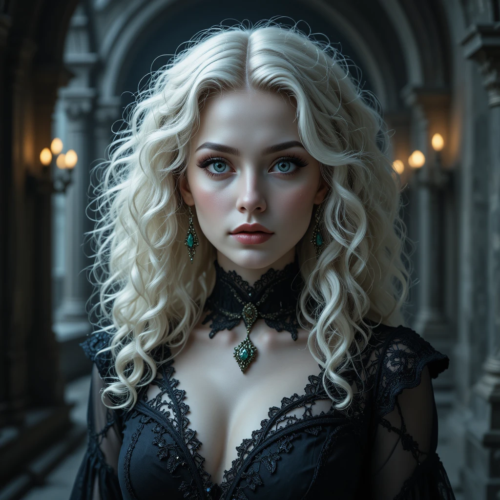 Gothic woman with platinum curls in moody candlelit interior