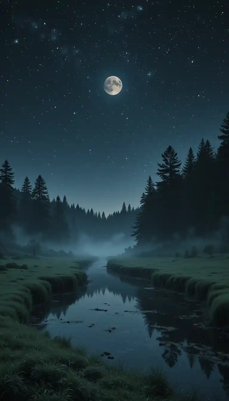 Calm Moonlit River Meandering Through A Quiet Meadow