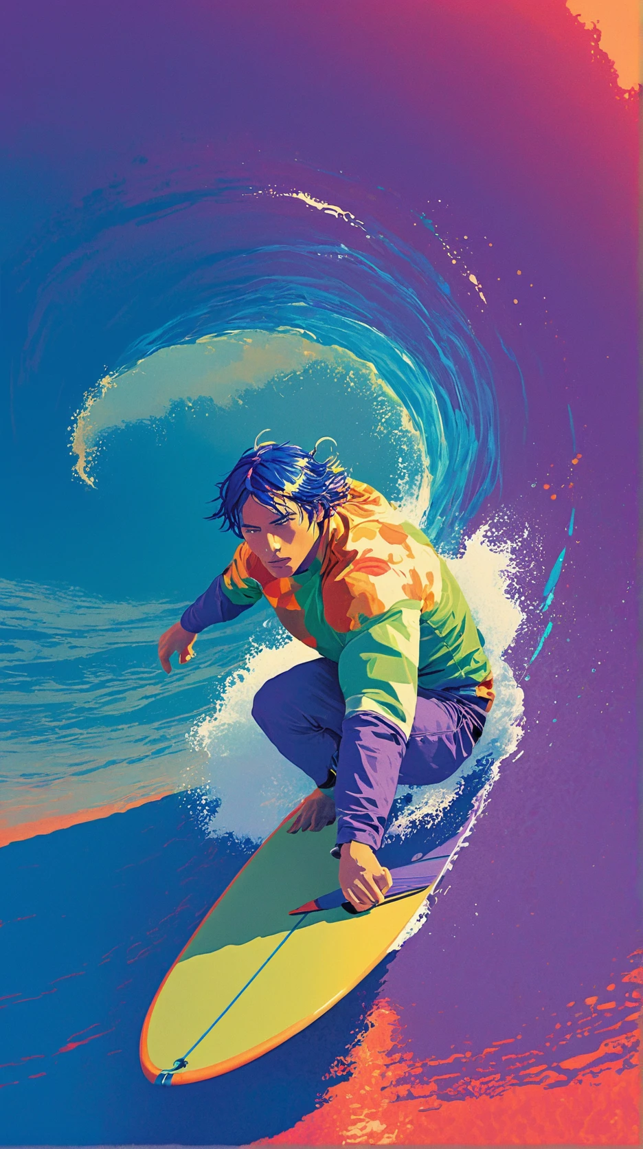 Lone surfer positioned at the center of a vivid ocean