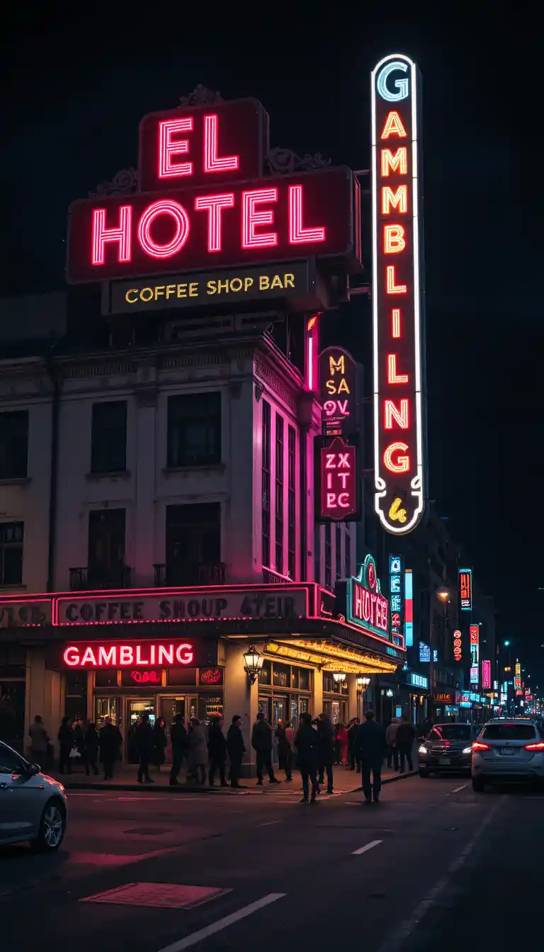 Neon lit historic hotel and casino on a busy city street
