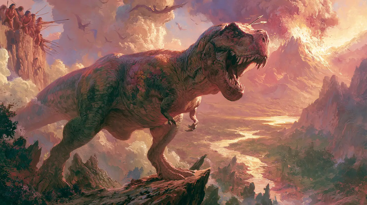 Towering dinosaur roaring over a rocky volcanic valley