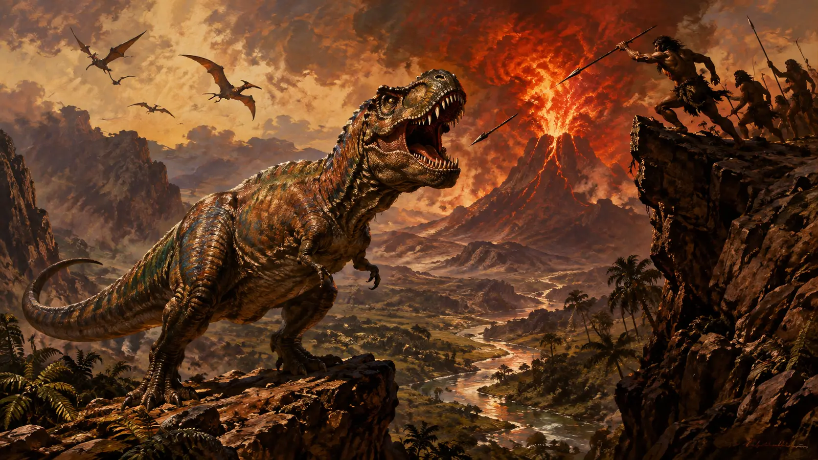 Towering tyrannosaurus rex over rocky cliff and valley