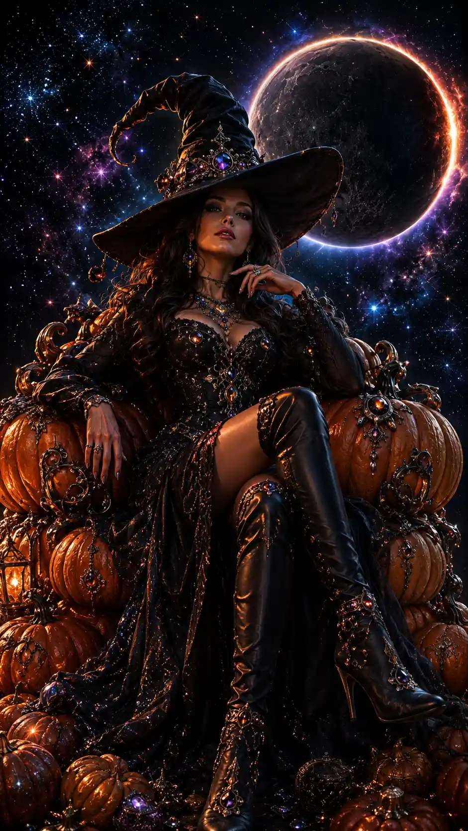 Witch before a vivid total lunar eclipse in space