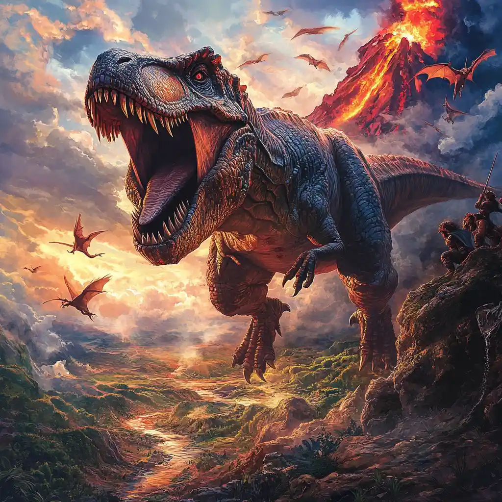 Tyrannosaurus rex roaring on a rocky cliff over valley
