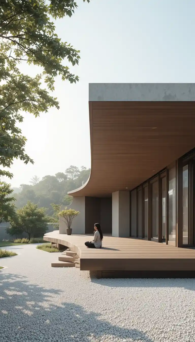 Modern minimalist house with wooden deck and quiet figure