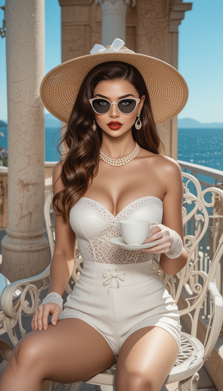 Elegant woman in white outfit on sunny seaside balcony