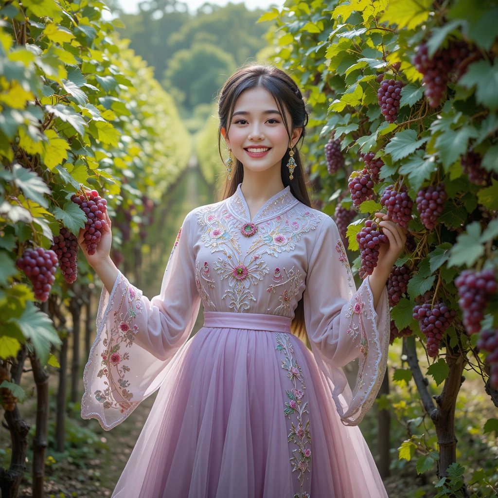 Smiling girl in traditional dress picking grapes in garden